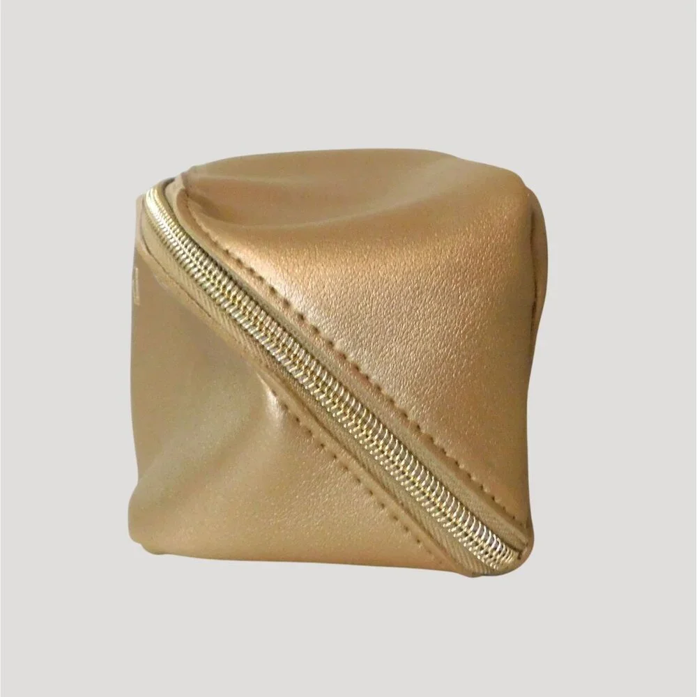 LBri Gold Cosmetic Bag Faux Leather Zipper 4x4x7.5 Compact Makeup Travel